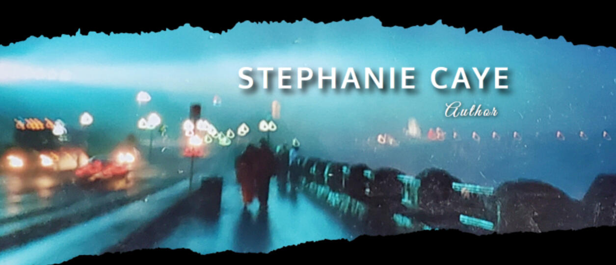 Website header is a slightly blurry, rainy night shot of several people walking on a sidewalk between a street lit with headlights and a stone wall. Text says Stephanie Caye, Author