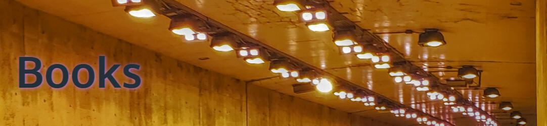 The cement ceiling of an automobile tunnel with strips of clustered, bright lights running along the top. The photo has a yellowish cast from the lights. The text "Books" is overlaid.